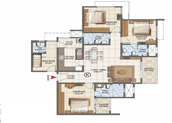 Prestige Falcon City Luxe 3 BHK Floor Plan